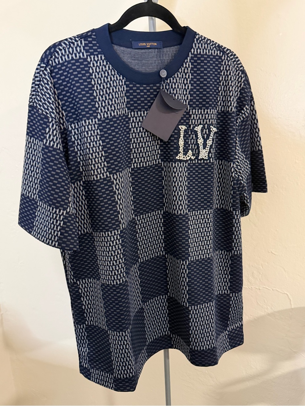 T shirt men Navy Check Knit T‑Shirt